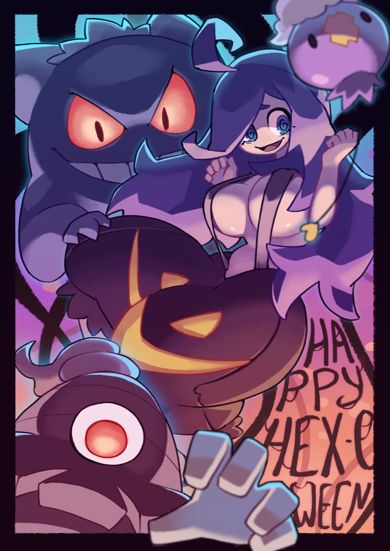 1girl :d @_@ ahoge alternate_breast_size baggy_pants bangs black_border blue_eyes blurry border breasts capri_pants commentary drifloon dusclops gengar halloween hands_up happy_halloween hex_maniac_(pokemon) highres kurt_robinson long_hair looking_down open_mouth pants pokemon pokemon_(creature) pokemon_(game) pokemon_xy purple_hair smile suspenders tongue