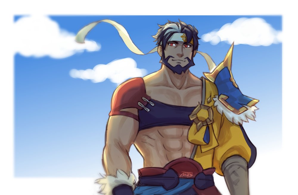 1boy alternate_skin_color beard chest_harness chips_n_cookies dark_blue_hair dragalia_lost facial_hair feet_out_of_frame hadanugi_dousa harness headband japanese_clothes kimono male_focus mature_male midriff multicolored_hair muscular muscular_male pectoral_cleavage pectorals red_eyes short_hair smile solo stomach streaked_hair tail white_hair wind yellow_kimono zhu_bajie_(dragalia_lost)