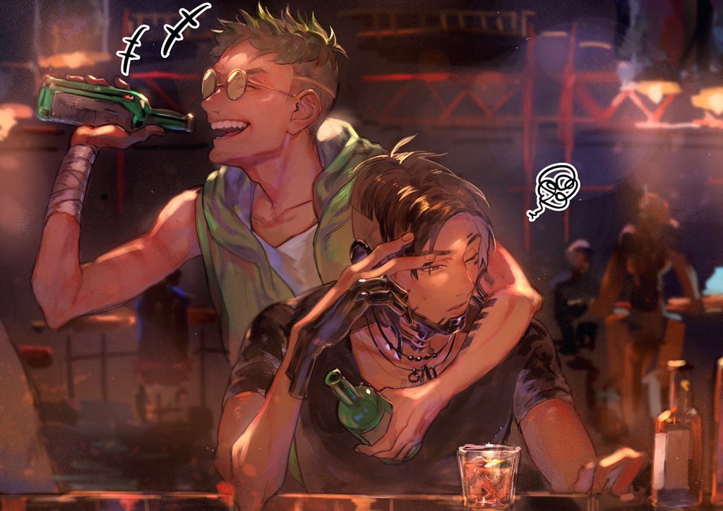 2boys ^_^ annoyed apex_legends bandaged_arm bandages black_eyes black_hair bottle closed_eyes crypto_(apex_legends) cup green_hair hand_on_own_face holding holding_bottle jewelry kawaniwa looking_to_the_side male_focus multiple_boys necklace octane_(apex_legends) open_mouth round_eyewear smile sunglasses symbol-only_commentary undercut