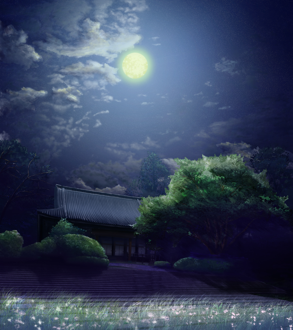 architecture building bush clouds commentary_request east_asian_architecture fence full_moon geshi grass moon moonlight night night_sky no_humans original pillar plant rooftop scenery sky stairs stone_stairs tree