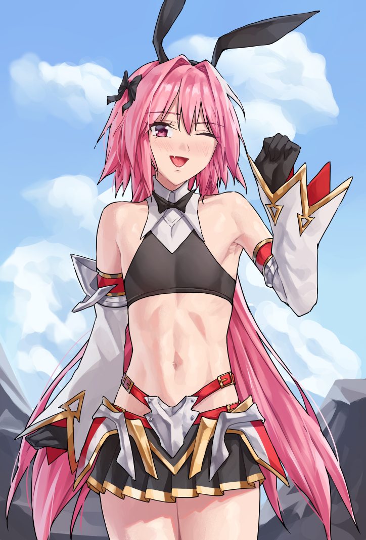 1boy armor astolfo_(fate) astolfo_(saber)_(fate) bangs bare_shoulders belt black_gloves black_shirt black_skirt blush bow bowtie crop_top detached_sleeves elbow_gloves fate/grand_order fate_(series) faulds gloves hair_bow hair_intakes hair_ribbon long_hair looking_at_viewer low_twintails midriff multicolored_hair navel open_mouth otoko_no_ko pink_hair ribbon sarhce shirt skirt smile solo streaked_hair thighs twintails violet_eyes white_hair wide_sleeves