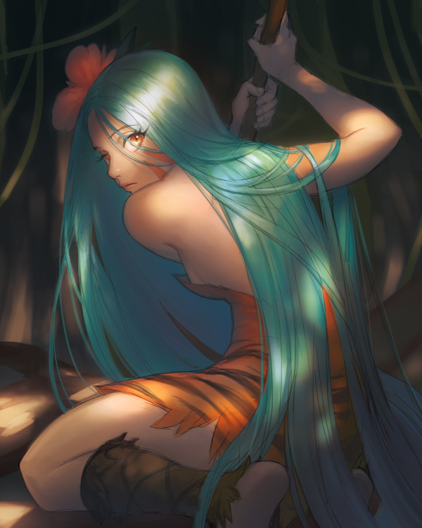 1girl aqua_hair artist_request cookie_run deviantart flower humanization solo tiger_lily_cookie