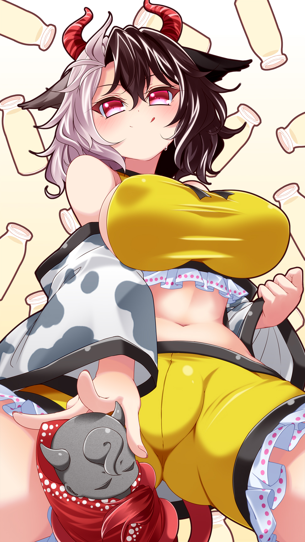 1girl :p animal_ears animal_print black_hair bottle breasts commentary_request covered_nipples cow_ears cow_horns cow_print cow_tail crop_top frilled_shorts frills from_below grey_hair haori highres horns japanese_clothes large_breasts milk_bottle muchin_jousha multicolored_hair navel red_eyes red_horns red_tail shorts smile solo statue tail tongue tongue_out touhou two-tone_hair ushizaki_urumi wily_beast_and_weakest_creature yellow_shorts