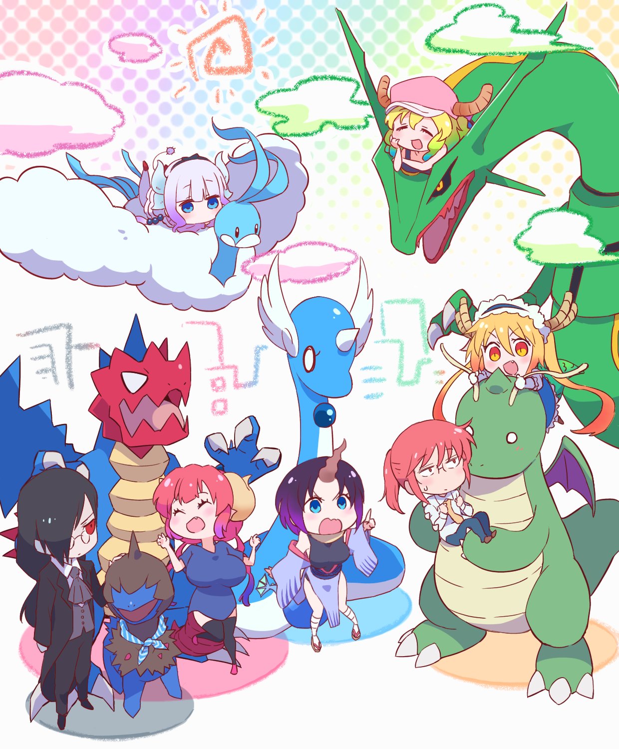 1boy 6+girls :d altaria alternate_color ayo_(ayosanri009) bangs black_hair black_legwear blonde_hair blue_eyes blue_shirt blush breasts brown_footwear buttons choice_scarf claws clouds collared_shirt commentary_request crossover deino_(pokemon) dragonair dragonite dress druddigon elma_(maidragon) fafnir_(maidragon) fang glasses hat highres holding horns ilulu_(maidragon) kanna_kamui kobayashi-san_chi_no_maidragon kobayashi_(maidragon) long_hair long_sleeves lucoa_(maidragon) maid_headdress multiple_girls o_o open_mouth pants pink_headwear pointing pokemon pokemon_(creature) rayquaza red_eyes riding riding_pokemon shiny_pokemon shirt shoes short_sleeves smile standing sweatdrop tailcoat thigh-highs tohru_(maidragon) white_shirt