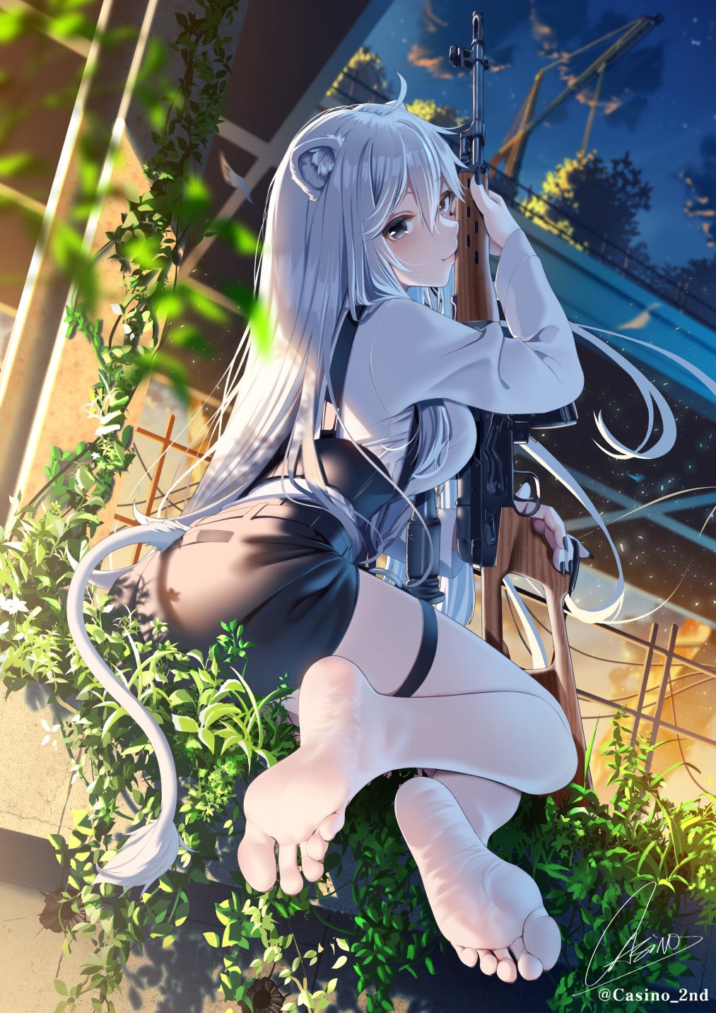 1girl ahoge animal_ears bangs bare_legs barefoot black_shorts blush breasts casino_(casinoep) closed_mouth eyebrows_visible_through_hair feet floating_hair grey_eyes grey_hair gun hair_between_eyes highres holding holding_gun holding_weapon hololive large_breasts lion_ears lion_girl lion_tail long_hair long_sleeves looking_at_viewer rifle shirt shishiro_botan shorts sidelocks signature sitting smile sniper_rifle sniper_scope solo tail thigh_strap twitter_username very_long_hair virtual_youtuber weapon white_shirt