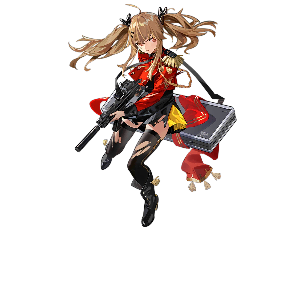 1girl black_bow black_dress black_footwear black_legwear boots bow breasts brown_hair dress english_text eyebrows_visible_through_hair girls_frontline gun h&amp;k_ump hair_bow holding holding_weapon jacket long_hair looking_at_viewer marching_band official_art open_mouth red_eyes red_jacket scar scar_across_eye scar_on_face solo standing starshadowmagician submachine_gun tape thigh-highs torn_clothes torn_dress torn_jacket torn_legwear transparent_background twintails ump9_(girls'_frontline) uniform weapon weapon_case