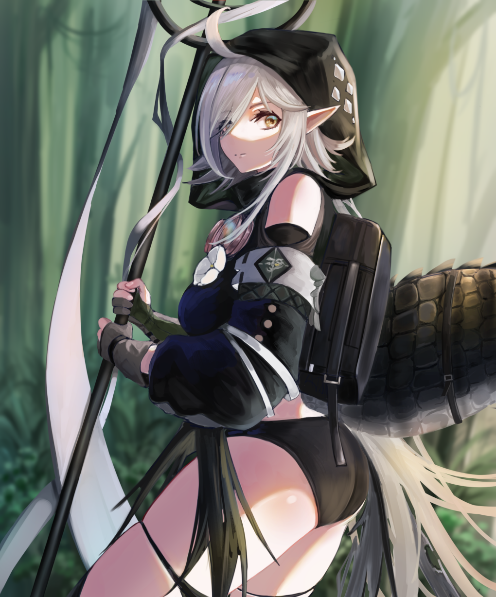 1girl ahoge arknights ass backpack bag black_bag black_panties black_shirt black_sleeves breasts cowboy_shot crocodilian_tail detached_sleeves flower forest gloves goggles goggles_around_neck green_gloves grey_hair hair_over_one_eye highres holding holding_staff hood hood_up kure_(kure_90) long_hair looking_at_viewer medium_breasts nature outdoors panties partially_fingerless_gloves pointy_ears shirt sidelocks solo staff thigh_strap tomimi_(arknights) underwear white_flower yellow_eyes