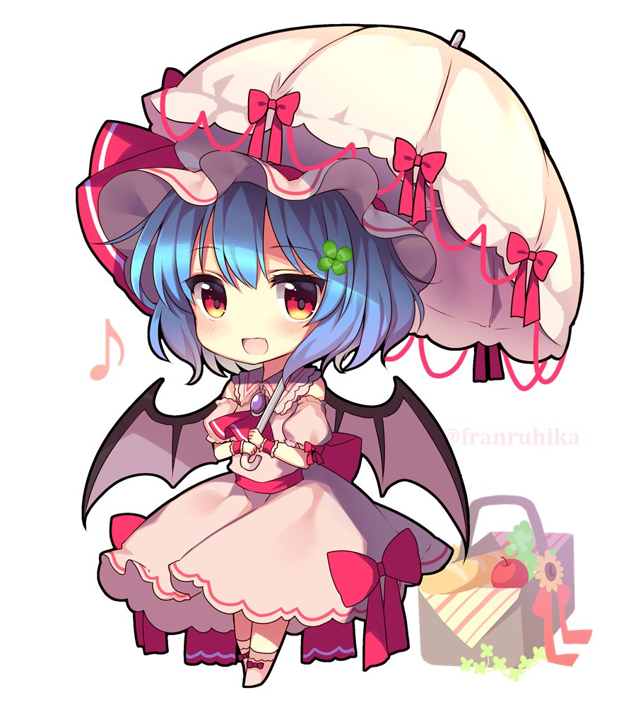 1girl :d amethyst_(gemstone) apple ascot back_bow bangs basket bat_wings blue_hair blush bow bread breasts cake chibi clover_hair_ornament commentary_request dot_nose dress_bow eyebrows_visible_through_hair eyelashes fang food fruit full_body hair_ornament hat hat_ribbon holding holding_umbrella looking_at_viewer mob_cap musical_note open_mouth parasol picnic_basket red_bow red_eyes red_neckwear red_ribbon remilia_scarlet ribbon ruhika shiny shiny_hair shoes short_hair simple_background smile standing touhou twitter_username umbrella umbrella_bow white_background white_footwear wings