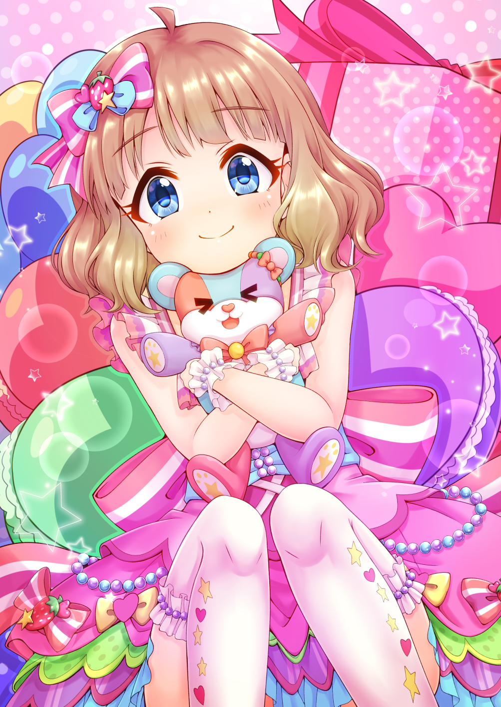&gt;_&lt; 1girl :d ahoge bangs blue_eyes blush bow brown_hair closed_mouth commentary_request eyebrows_visible_through_hair feet_out_of_frame food-themed_hair_ornament frilled_legwear hair_bow hair_ornament heart heart_print highres idolmaster idolmaster_million_live! idolmaster_million_live!_theater_days knees_up layered_skirt looking_at_viewer object_hug pink_bow pink_skirt print_legwear regular_mow skirt sleeveless smile solo star_(symbol) star_print strawberry_hair_ornament striped striped_bow stuffed_animal stuffed_toy suou_momoko teddy_bear white_legwear xd