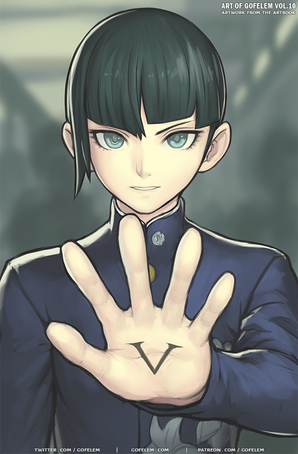 1boy atlus black_hair blue_eyes blush bowl_cut eyelashes gofelem looking_at_viewer male_focus protagonist_(smtv) school_uniform shin_megami_tensei shin_megami_tensei_v short_hair simple_background smile solo