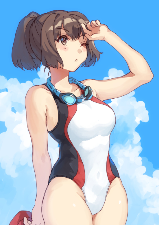 1girl blue_sky breasts brown_eyes brown_hair clouds competition_swimsuit day goggles goggles_around_neck hair_ribbon ise_(kancolle) kantai_collection large_breasts looking_up mitsuyo_(mituyo324) multicolored_clothes multicolored_swimsuit one-piece_swimsuit ponytail ribbon short_hair sky solo swimsuit white_swimsuit