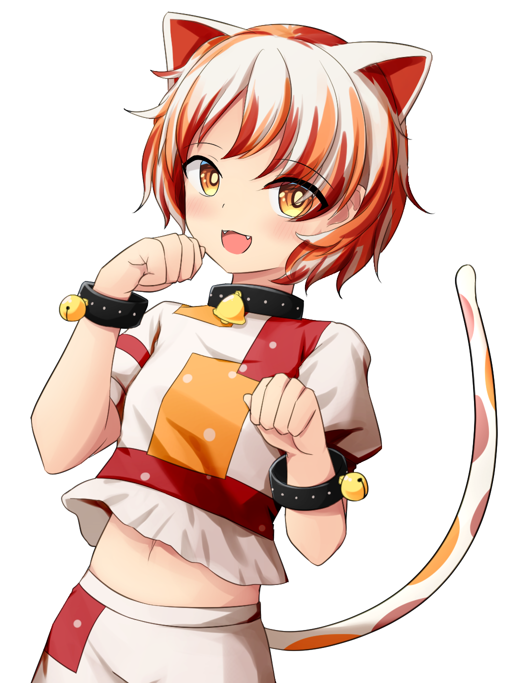 1girl animal_ears bangs bell calico cat_ears cat_girl cat_tail crop_top gesture goutokuji_mike highres jingle_bell maneki-neko medium_skirt midriff multicolored_clothes multicolored_hair multicolored_shirt multicolored_skirt multicolored_tail navel neck_bell orange_eyes patches patchwork_clothes paw_pose short_hair simple_background skirt stomach streaked_hair tail touhou upper_body white_background white_hair yu_cha