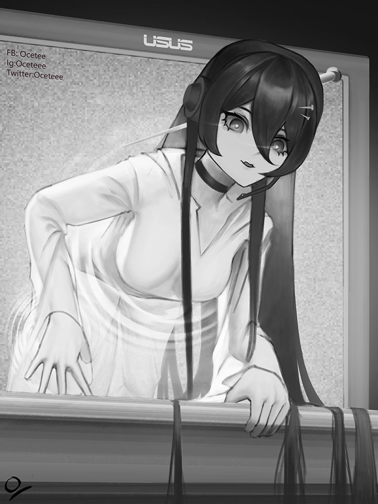 1girl asus brand_name_imitation breasts choker collarbone english_commentary ghost greyscale headset instagram_username long_hair looking_down medium_breasts mika_melatika monochrome nijisanji nijisanji_id ocetee open_mouth smile solo static through_screen twitter_username very_long_hair virtual_youtuber