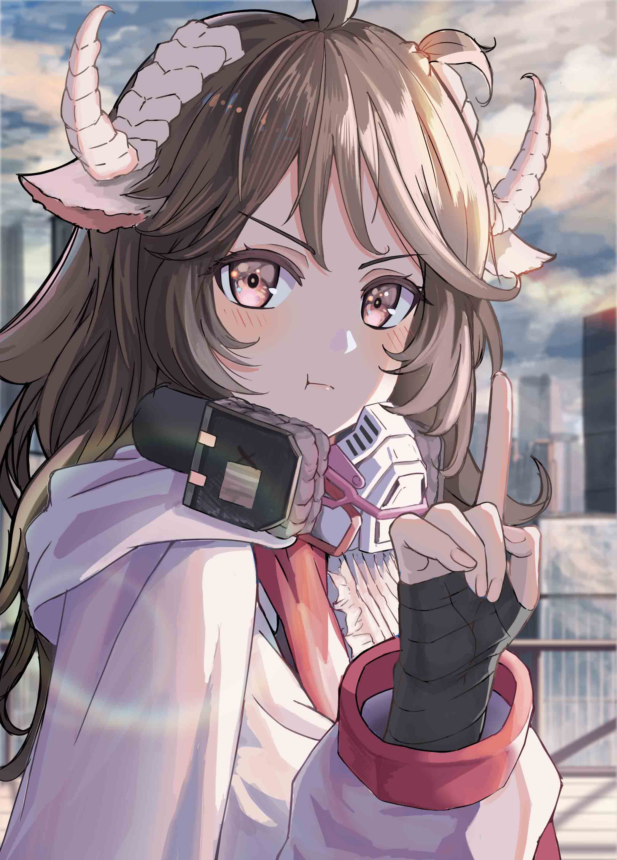 1girl :t absurdres ahoge animal_ears arknights bangs black_gloves blush city closed_mouth clouds cloudy_sky commentary_request day eyjafjalla_(arknights) fingerless_gloves gloves hand_up highres horns index_finger_raised light_brown_hair long_hair long_sleeves looking_at_viewer meganeno_dokitsui outdoors pout red_eyes sheep_ears sheep_horns sky solo upper_body v-shaped_eyebrows white_horns