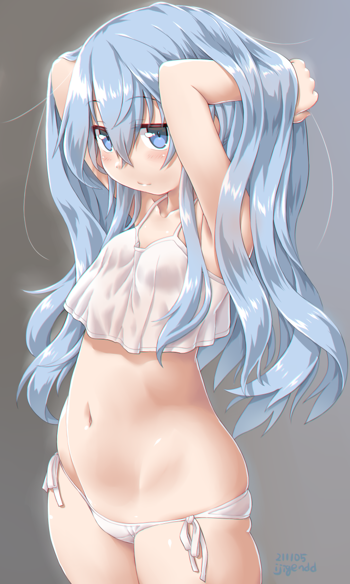 1girl armpits arms_up bare_arms bare_shoulders blue_eyes blue_hair blush breasts camisole cowboy_shot crop_top dd_(ijigendd) hand_in_hair hibiki_(kancolle) highres kantai_collection long_hair looking_at_viewer navel panties see-through side-tie_panties skindentation small_breasts solo underwear underwear_only white_panties