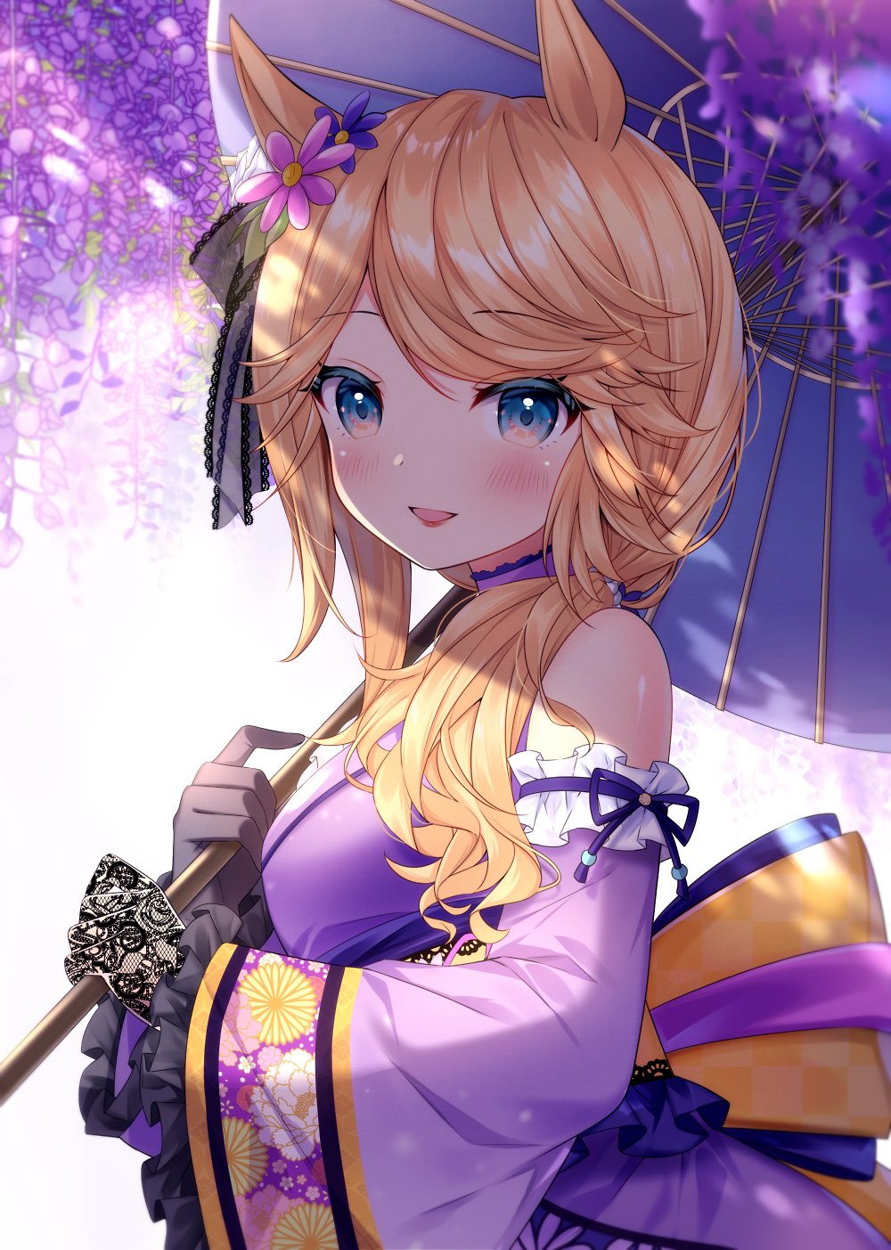 1girl :d animal_ears asymmetrical_gloves bangs black_gloves blonde_hair blue_eyes blush breasts commentary_request detached_sleeves eyebrows_visible_through_hair flower frilled_sleeves frills gloves gold_city_(umamusume) hair_flower hair_ornament haruhitooo highres holding holding_umbrella horse_ears japanese_clothes kimono long_hair long_sleeves looking_at_viewer medium_breasts mismatched_gloves oil-paper_umbrella pink_flower purple_flower purple_kimono purple_sleeves purple_umbrella sleeveless sleeveless_kimono smile solo umamusume umbrella wide_sleeves wisteria