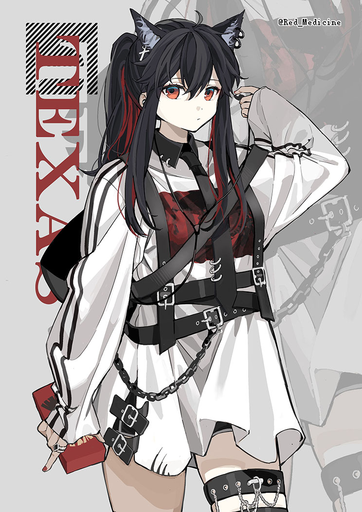 1girl animal_ears arknights artist_name backpack bag black_necktie casual character_name chest_harness closed_mouth commentary cowboy_shot cross cross_earrings ear_piercing earphones earphones earrings english_commentary expressionless extra_ears food hand_up harness holding holding_food holding_pocky jewelry long_sleeves looking_at_viewer multicolored_hair necktie piercing pocky ponytail red_(girllove) red_eyes red_nails redhead ring shirt sleeves_past_wrists solo streaked_hair texas_(arknights) thigh_strap white_shirt wolf_ears zoom_layer
