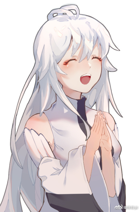 1girl blush closed_eyes douluo_dalu gu_yuena long_hair own_hands_clasped own_hands_together silver_hair smile weibo_id weibo_logo white_background