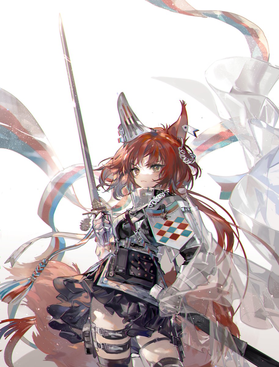 1girl animal_ears arknights bangs black_skirt earphones flametail_(arknights) hair_ornament highres holding holding_sword holding_weapon long_hair nevakuma_(fanfanas) redhead scabbard sheath skirt squirrel_ears squirrel_girl squirrel_tail sword tail thigh_strap weapon yellow_eyes
