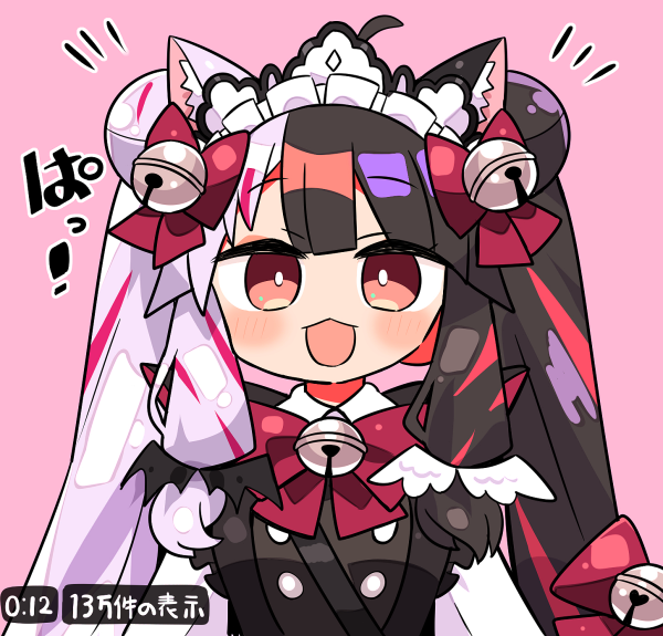 1girl :d ahoge animal_ear_fluff animal_ears bangs bell black_dress black_hair bow cat_ears collared_shirt commentary_request double_bun dress eyebrows_visible_through_hair hair_bell hair_bow hair_ornament jingle_bell kanikama long_hair looking_at_viewer maid_headdress multicolored_hair nijisanji notice_lines pink_background pink_hair purple_hair red_bow red_eyes romaji_commentary shirt simple_background sleeveless sleeveless_dress smile solo streaked_hair translation_request twintails two-tone_hair upper_body virtual_youtuber white_shirt yorumi_rena