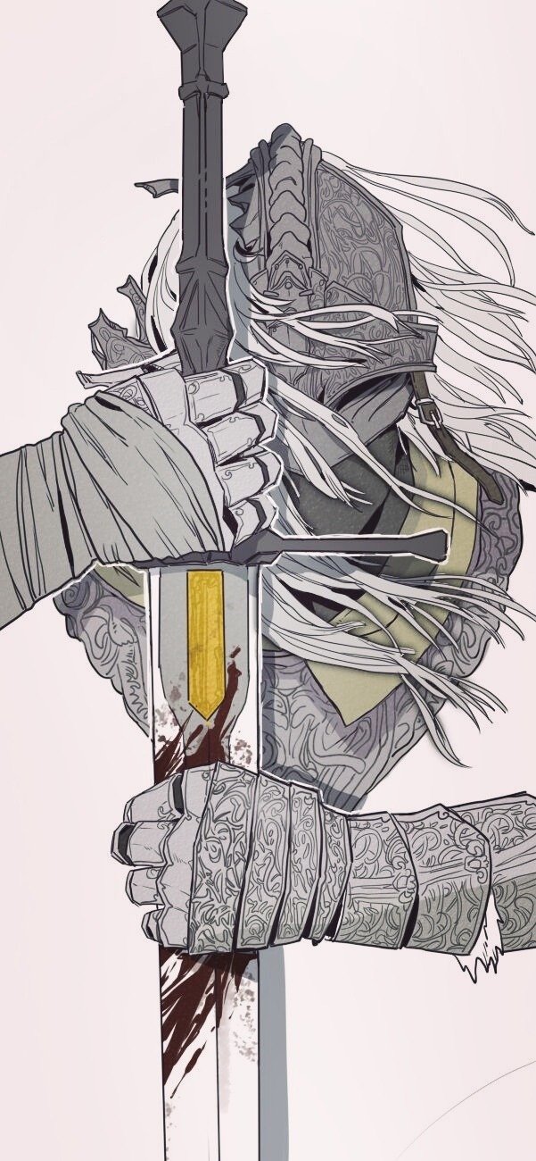 armor belt blade bleeding blood bloody_wolf(elden_ring) elden_ring eyeshadow full_armor helmet highres it-s-owl-o-clock knight long_hair makeup medieval ornament ornate_armor ornate_weapon simple_background warrior weapon white_hair