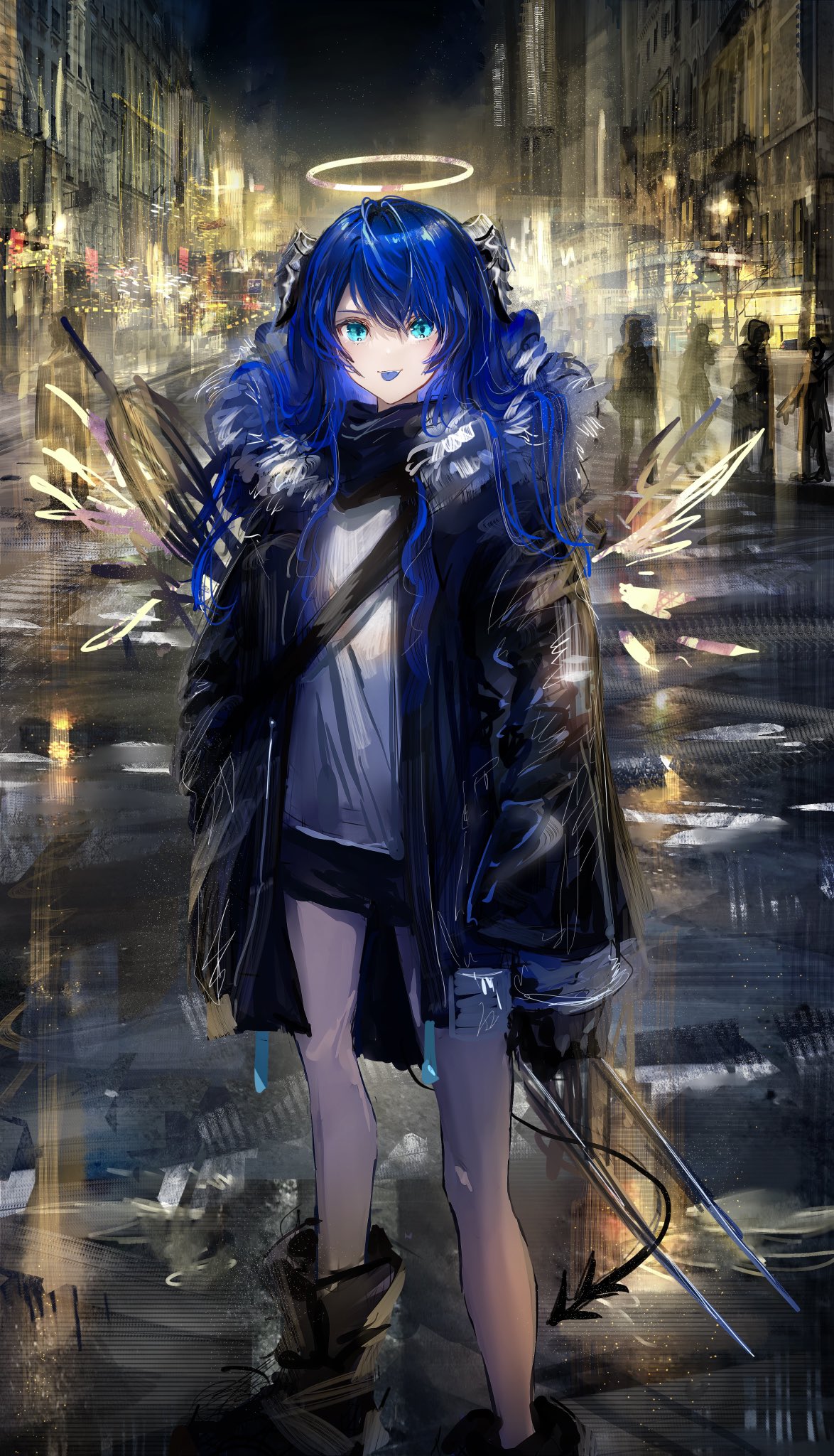 1girl arknights bangs black_footwear black_gloves black_jacket black_shorts blue_eyes blue_hair blue_tongue boots city closed_mouth colored_tongue commentary_request demon_horns demon_tail detached_wings foot_out_of_frame gloves halo hand_in_pocket highres horns jacket long_hair long_sleeves looking_at_viewer mostima_(arknights) nanaponi night open_clothes open_jacket outdoors shirt short_shorts shorts smile solo staff standing tail thighs tongue tongue_out white_shirt wings