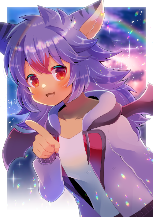 1girl :d animal_ear_fluff animal_ears bangs black_wings blush breasts collarbone commission copyright_request drawstring dutch_angle eyebrows_visible_through_hair grey_jacket hair_between_eyes hand_up hood hood_down hooded_jacket jacket kou_hiyoyo lens_flare long_hair long_sleeves multicolored_hair open_clothes open_jacket pointing pointing_at_viewer purple_hair red_eyes redhead shirt skeb_commission small_breasts smile solo streaked_hair upper_body white_shirt wings