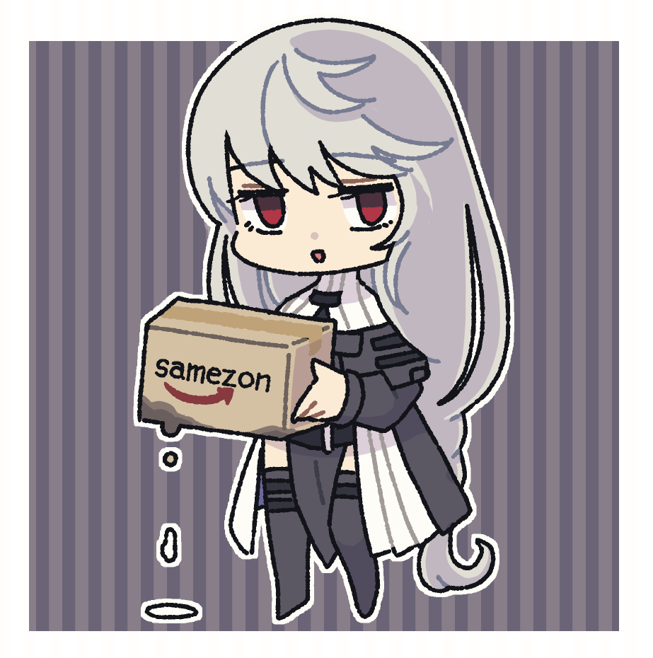 1girl amazon_(company) arknights bangs black_dress black_legwear box brand_name_imitation cardboard_box chibi commentary_request dress eyebrows_visible_through_hair full_body holding holding_box long_hair looking_at_viewer nekomdr no_headwear parted_lips red_eyes silver_hair solo specter_(arknights) standing thigh-highs thigh_strap very_long_hair