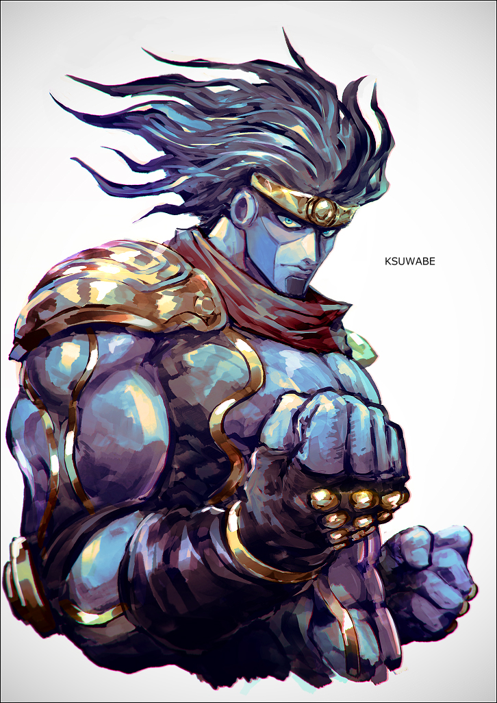 1other armor artist_name black_hair closed_mouth colored_skin fingerless_gloves gloves green_eyes jewelry jojo_no_kimyou_na_bouken k-suwabe long_hair looking_at_viewer pauldrons purple_skin red_scarf scarf shoulder_armor simple_background stand_(jojo) star_platinum stardust_crusaders turtleneck white_background