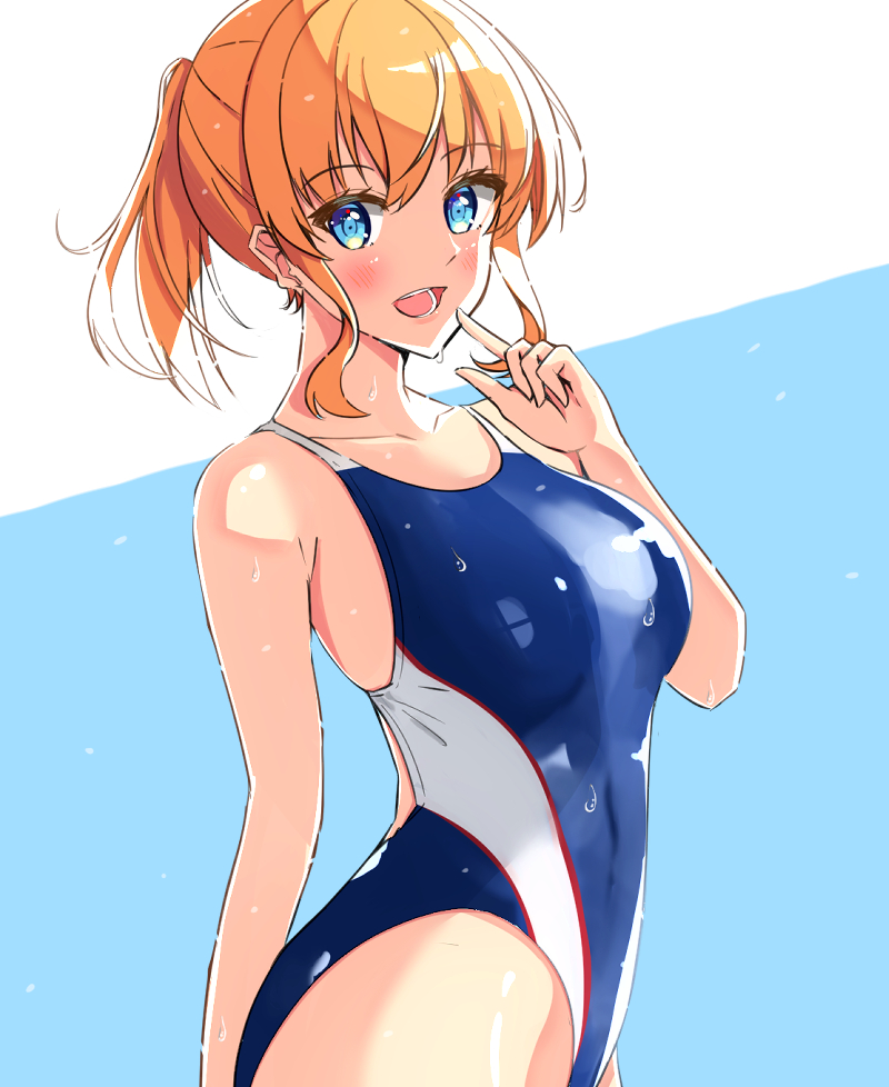 1girl blonde_hair blue_eyes blue_swimsuit breasts competition_swimsuit cowboy_shot looking_at_viewer medium_breasts multicolored_background one-piece_swimsuit original ponytail short_hair solo swimsuit toyomi_13 wet wet_clothes wet_swimsuit