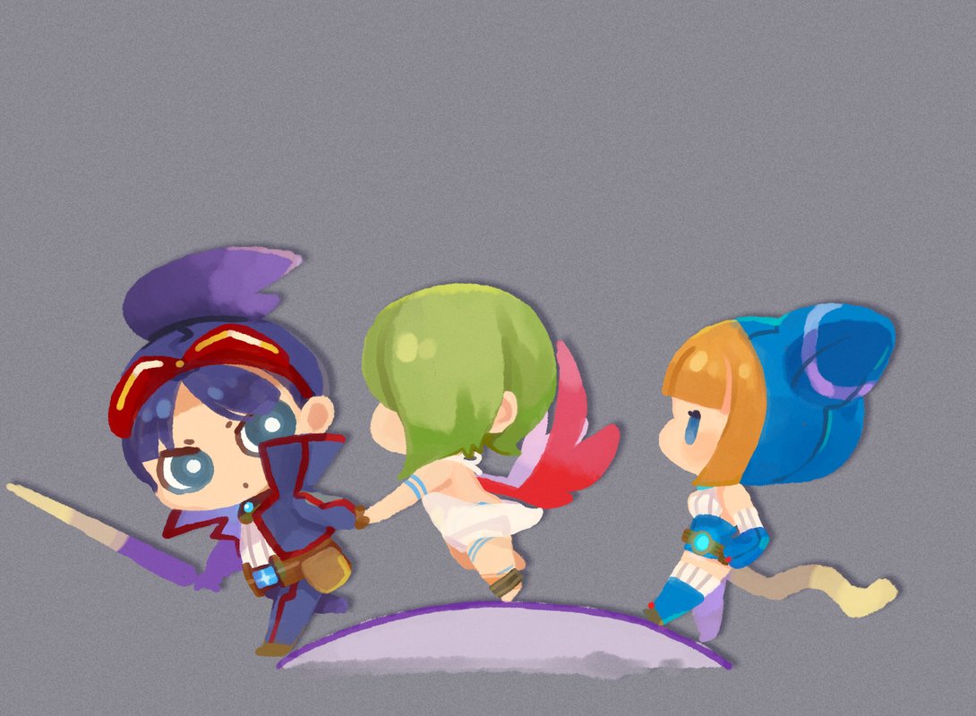 1boy 2girls animal_hood anklet blue_eyes breath_of_fire breath_of_fire_v cat_hood chibi dress full-body_tattoo full_body green_hair hood jewelry lin_(breath_of_fire) mota multiple_girls nina_(breath_of_fire_v) orange_hair red_wings ryuu_(breath_of_fire_v) short_hair sword tail tattoo weapon white_dress wings