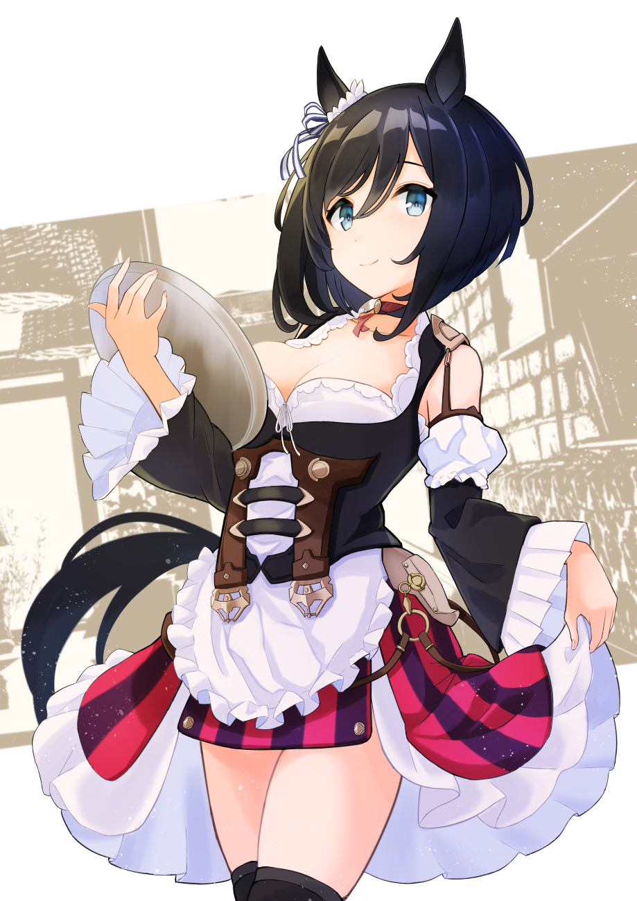 1girl black_blouse black_choker black_hair black_legwear blouse blue_eyes bob_cut breasts choker closed_mouth clothing_cutout commentary_request cowboy_shot dirndl ear_ribbon eishin_flash_(umamusume) frilled_skirt frilled_sleeves frills german_clothes highres holding holding_tray horse_girl horse_tail long_sleeves looking_at_viewer medium_breasts partial_commentary red_skirt shiromaru_illust short_hair shoulder_cutout skirt skirt_hold smile solo standing tail thigh-highs tray umamusume