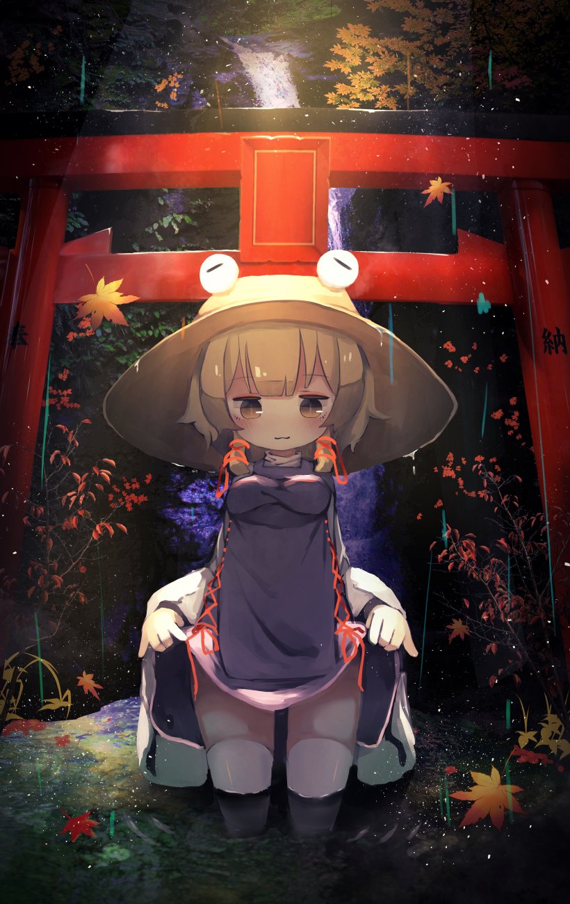 1girl animal_print bangs blonde_hair breasts chii_(tsumami_tsumamare) clothes_lift dress frog_print hair_ornament hair_ribbon hat highres long_sleeves looking_at_viewer moriya_suwako outdoors parted_bangs purple_dress purple_skirt red_ribbon ribbon short_hair shrine skirt skirt_lift small_breasts solo submerged thigh-highs touhou turtleneck white_legwear wide_sleeves yellow_eyes