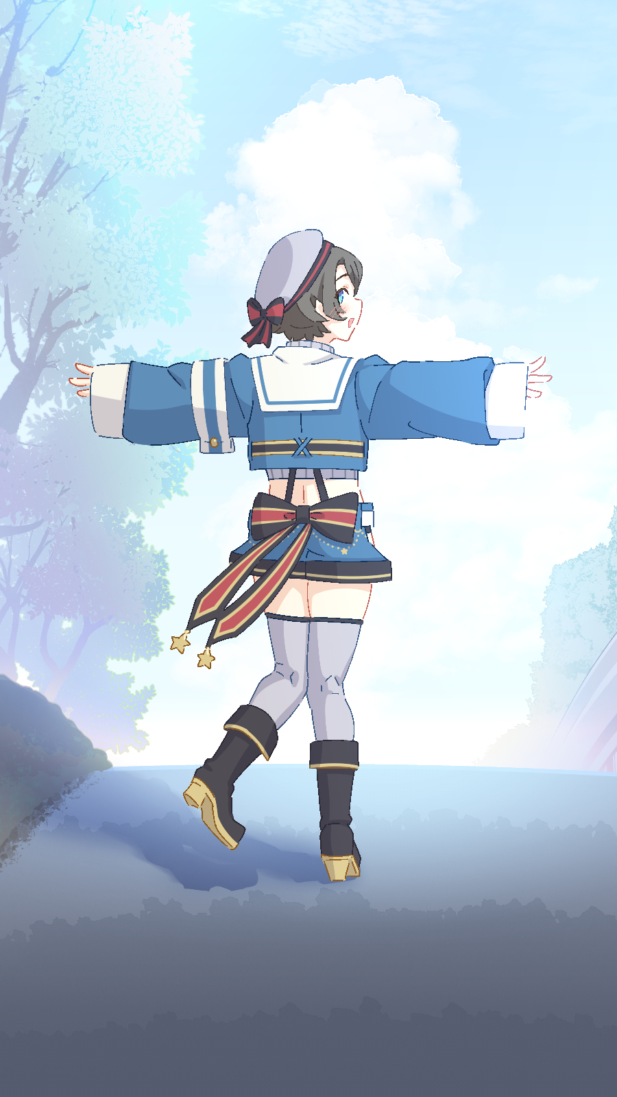 1girl beret black_footwear black_hair blue_eyes blue_sky boots bow clouds cropped_jacket from_behind full_body hat highres hololive oozora_subaru open_mouth outstretched_arms profile road short_hair short_shorts shorts sky sleeves_past_wrists smile solo standing standing_on_one_leg tataki_tuna thigh-highs tree virtual_youtuber