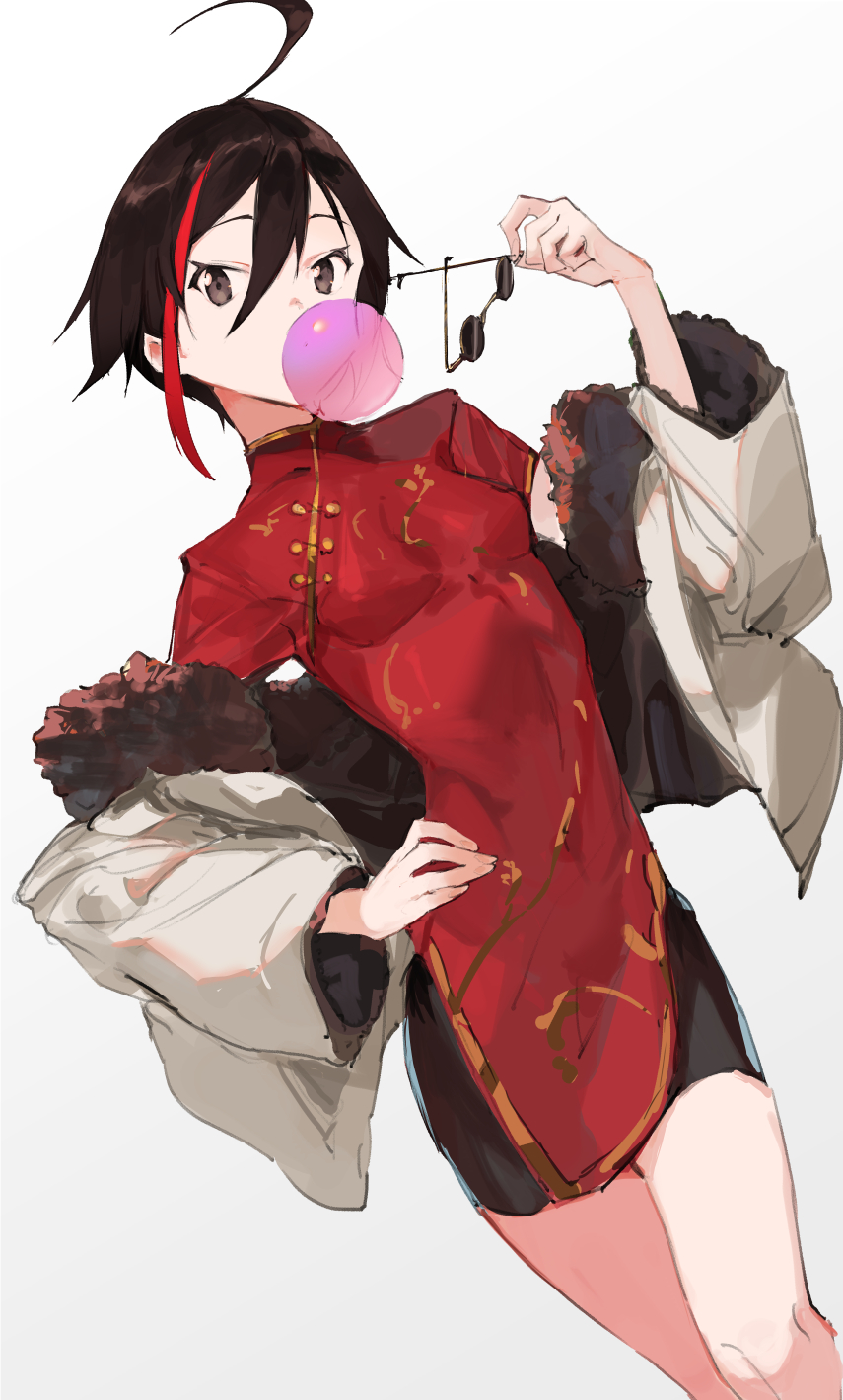 1girl beige_jacket black_eyes black_hair breasts china_dress chinese_clothes dress fur_trim hair_between_eyes highres holding holding_eyewear kureta_(nikogori) looking_to_the_side maou_2099 multicolored_hair off_shoulder red_dress redhead short_hair small_breasts solo streaked_hair sunglasses white_background