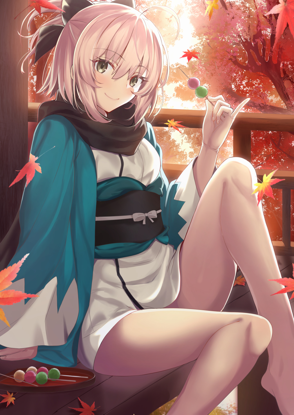 1girl ahoge autumn autumn_leaves bangs bare_legs barefoot black_bow black_scarf blonde_hair blush bow closed_mouth commentary_request dango eyebrows_visible_through_hair fate/grand_order fate_(series) feet_out_of_frame food green_eyes hair_between_eyes hair_bow half_updo haori highres holding holding_food japanese_clothes kimono koha-ace leaf looking_at_viewer neko_daruma obi okita_souji_(fate) okita_souji_(koha/ace) open_clothes pinky_out ponytail sash scarf shinsengumi short_hair short_kimono short_ponytail sidelocks sitting smile solo thighs tree wagashi white_kimono wide_sleeves