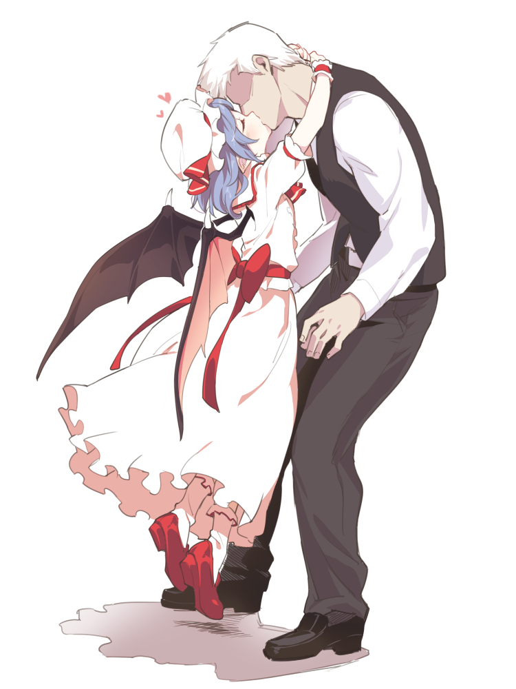 1boy 1girl asutora bat_wings blue_hair bow closed_eyes commentary faceless faceless_male full_body hat heart height_difference hetero hug kiss mob_cap red_bow remilia_scarlet shirt short_hair short_sleeves simple_background skirt touhou waist_bow white_background white_hair white_headwear white_shirt white_skirt wings wrist_cuffs