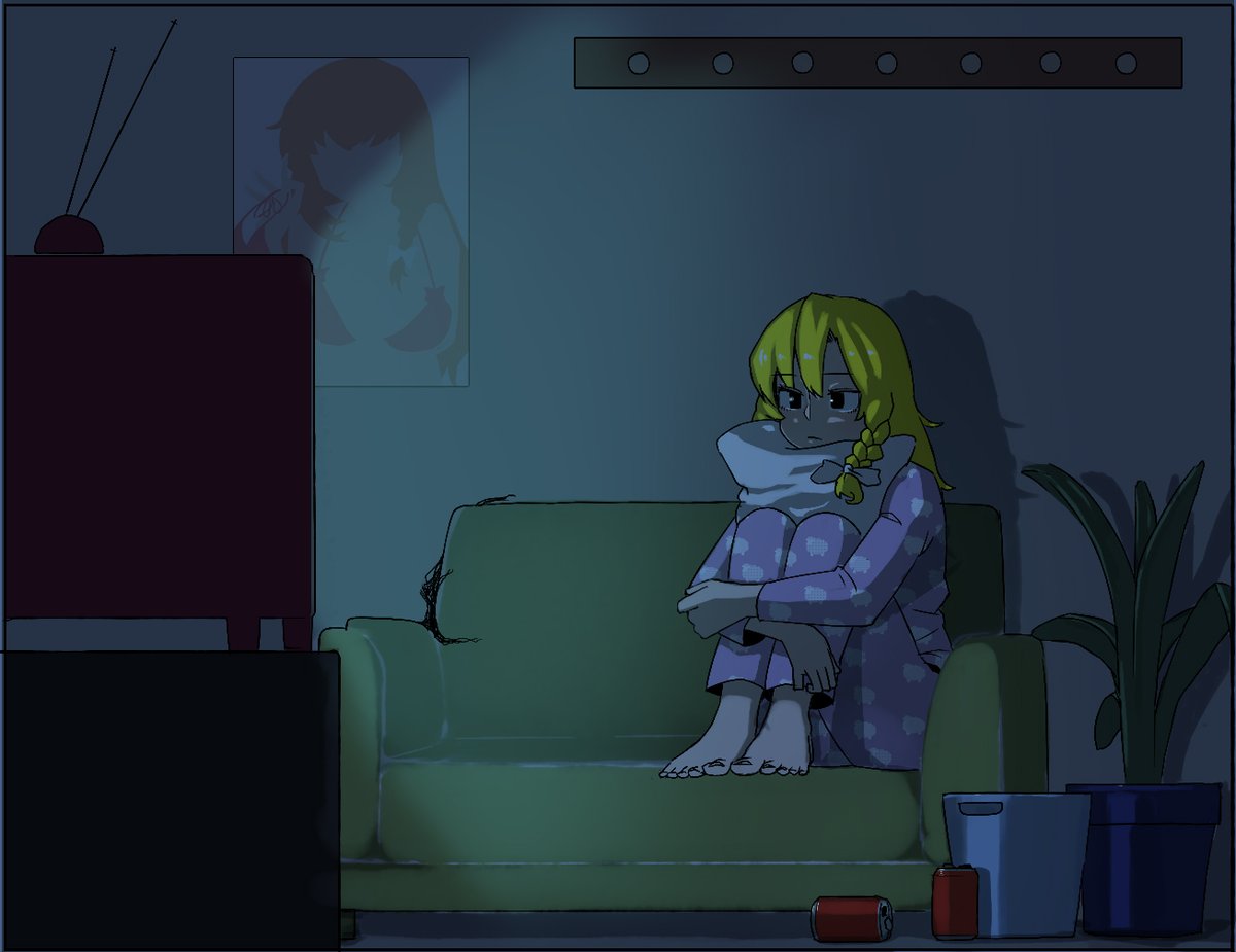 1boy alternate_costume azusa_(cookie) bad_id bad_twitter_id bangs barefoot black_eyes blonde_hair bow braid can closed_mouth commentary_request cookie_(touhou) couch dark_room expressionless full_body genderswap genderswap_(ftm) hair_bow hugging_own_legs indoors kirisame_marisa long_hair long_sleeves male_focus ohasi otoko_no_ko pajamas pants plant poster_(object) potted_plant purple_pajamas purple_pants purple_shirt rei_(cookie) shirt side_braid single_braid soda_can solo television touhou trash_can watching_television white_bow