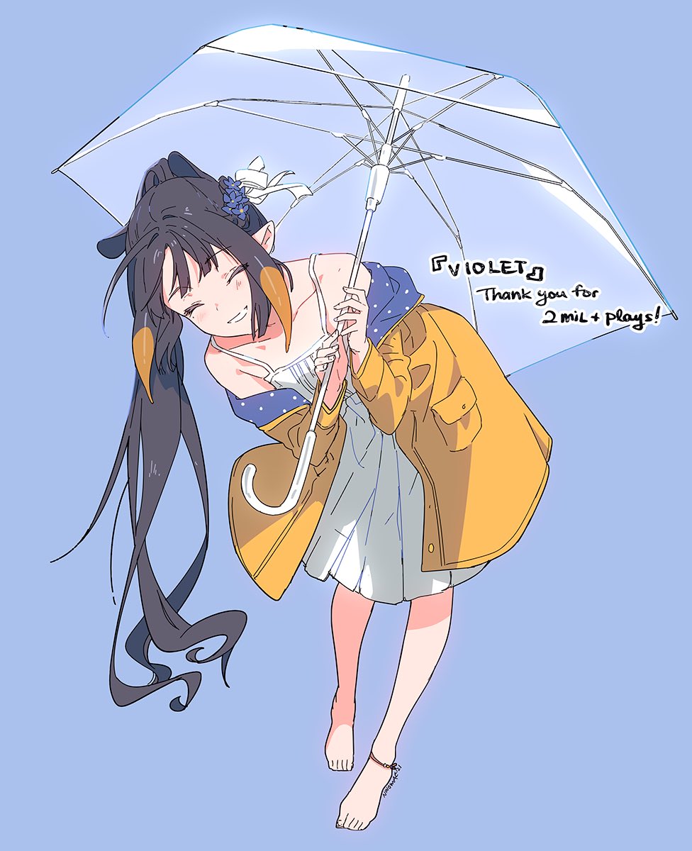 1girl alternate_hairstyle anklet barefoot black_hair blue_background blush closed_eyes coat commentary dress english_commentary eyebrows_visible_through_hair flat_chest flower full_body hair_flower hair_ornament hair_ribbon highres holding holding_umbrella hololive hololive_english jewelry leaning_forward long_hair looking_at_viewer multicolored_hair ninomae_ina'nis ninomae_ina'nis_(artist) off_shoulder official_alternate_costume open_clothes open_coat orange_coat orange_hair parted_lips pointy_ears ponytail raincoat ribbon self-portrait signature simple_background sleeveless sleeveless_dress smile solo spaghetti_strap standing tentacle_hair thank_you two-sided_coat two-tone_hair umbrella violet_(ninomae_ina'nis) virtual_youtuber white_dress white_ribbon