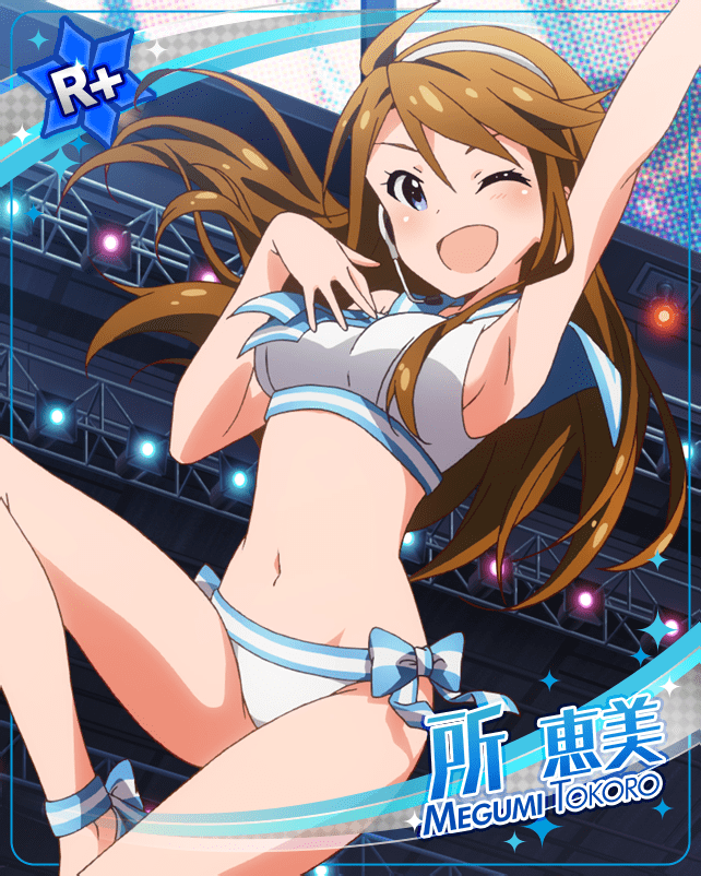 armpits blue_eyes blush brown_hair character_name dress idolmaster_million_live!_theater_days long_hair smile tokoro_megumi wink