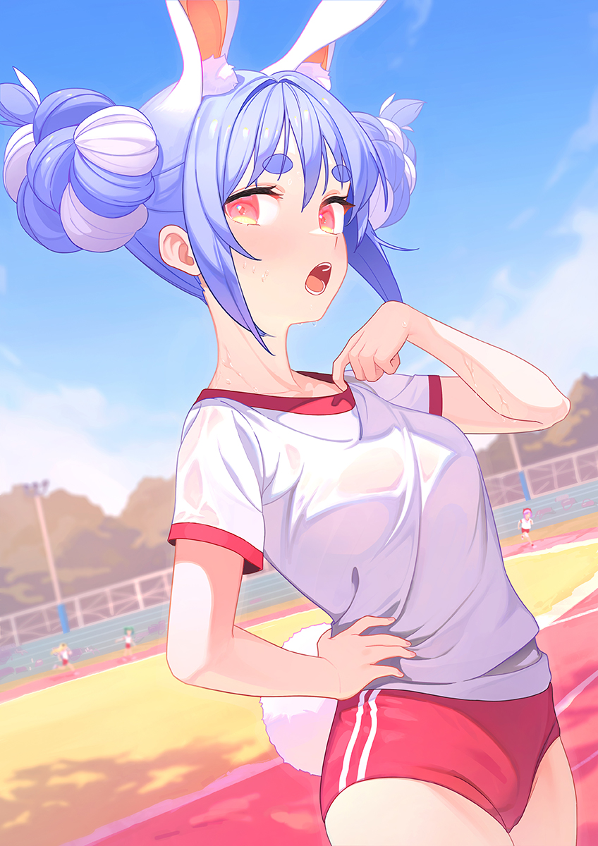 1girl 4girls adjusting_shirt animal_ear_fluff animal_ears blue_hair breasts buruma character_request commentary cowboy_shot double_bun dutch_angle english_commentary foliage from_side gawain_(artist) gym_shirt gym_uniform hand_on_hip hand_on_own_chest highres hikimayu hololive looking_at_viewer looking_to_the_side multiple_girls open_mouth outdoors rabbit_ears rabbit_tail racetrack see-through shirt short_eyebrows sky small_breasts solo_focus sweat sweating_profusely tail thick_eyebrows track_and_field usada_pekora virtual_youtuber wet wet_clothes wet_shirt white_hair white_shirt