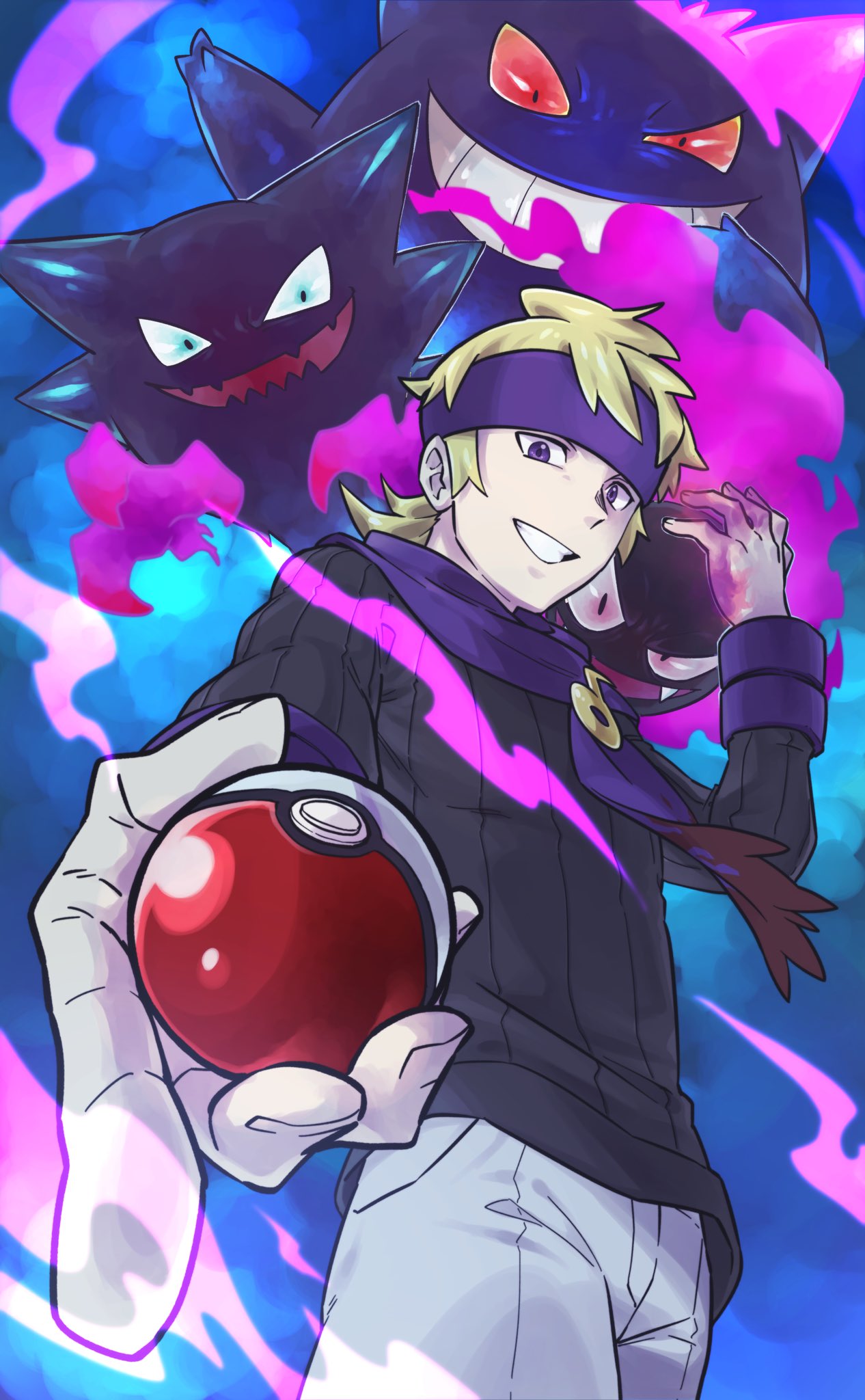 1boy bangs black_sweater blonde_hair commentary_request energy from_below gastly gengar grin hand_up haunter highres holding holding_poke_ball looking_down male_focus morty_(pokemon) pants pkpokopoko3 poke_ball poke_ball_(basic) pokemon pokemon_(creature) pokemon_(game) pokemon_hgss purple_headband purple_scarf scarf short_hair smile sweater teeth violet_eyes white_pants