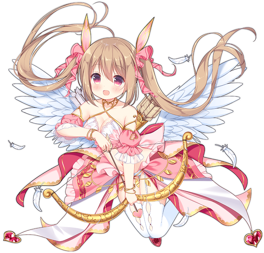 1girl :d ark_order arrow_(projectile) bangs blush bow bow_(weapon) breasts brown_hair crop_top detached_sleeves drawing_bow eros_(ark_order) feathered_wings floating frilled_sleeves frills full_body garter_straps gold_trim hair_bow holding holding_arrow holding_bow_(weapon) holding_weapon ikataruto large_breasts long_hair looking_at_viewer official_art panties pink_bow pink_eyes pink_shirt pink_skirt puffy_short_sleeves puffy_sleeves quiver shirt short_sleeves sidelocks skirt smile solo tachi-e thigh-highs transparent_background twintails underwear very_long_hair weapon white_feathers white_legwear white_panties white_wings wings