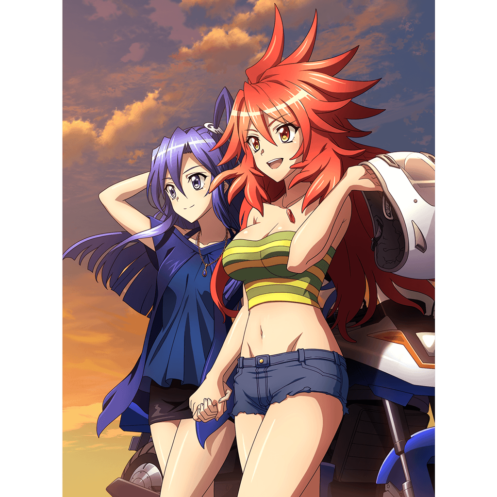 2girls amou_kanade artist_request bare_shoulders black_skirt blue_eyes blue_hair blue_shirt blue_shorts blush breasts brown_eyes closed_mouth clouds cloudy_sky collarbone eyebrows_visible_through_hair ground_vehicle helmet holding_hands jewelry kazanari_tsubasa large_breasts long_hair midriff miniskirt motor_vehicle motorcycle motorcycle_helmet multiple_girls navel necklace official_art open_mouth outdoors redhead senki_zesshou_symphogear shiny shiny_hair shirt short_shorts shorts side_ponytail skirt sky smile strapless tube_top yuri