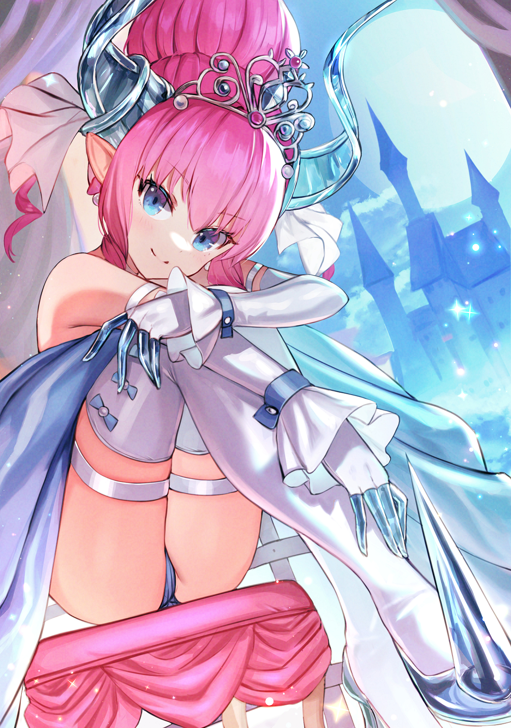 1girl blue_panties castle crown dolce_(dolsuke) elbow_gloves elizabeth_bathory_(cinderella_rider)_(fate) elizabeth_bathory_(fate) fate/grand_order fate_(series) gloves highres horns moon panties pantyshot pink_hair pointy_ears shoes sitting spiked_shoes spikes thigh-highs tiara underwear