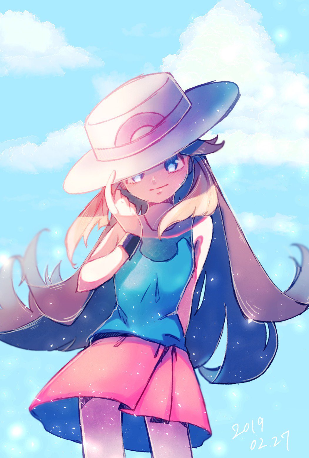 1girl black_wristband blue_eyes blue_shirt brown_hair bucket_hat clouds day hair_flaps hand_on_headwear hand_up hat highres leaf_(pokemon) long_hair outdoors pleated_skirt pokemon pokemon_(game) pokemon_frlg r.aka. red_skirt shirt skirt sky sleeveless sleeveless_shirt solo white_headwear wristband