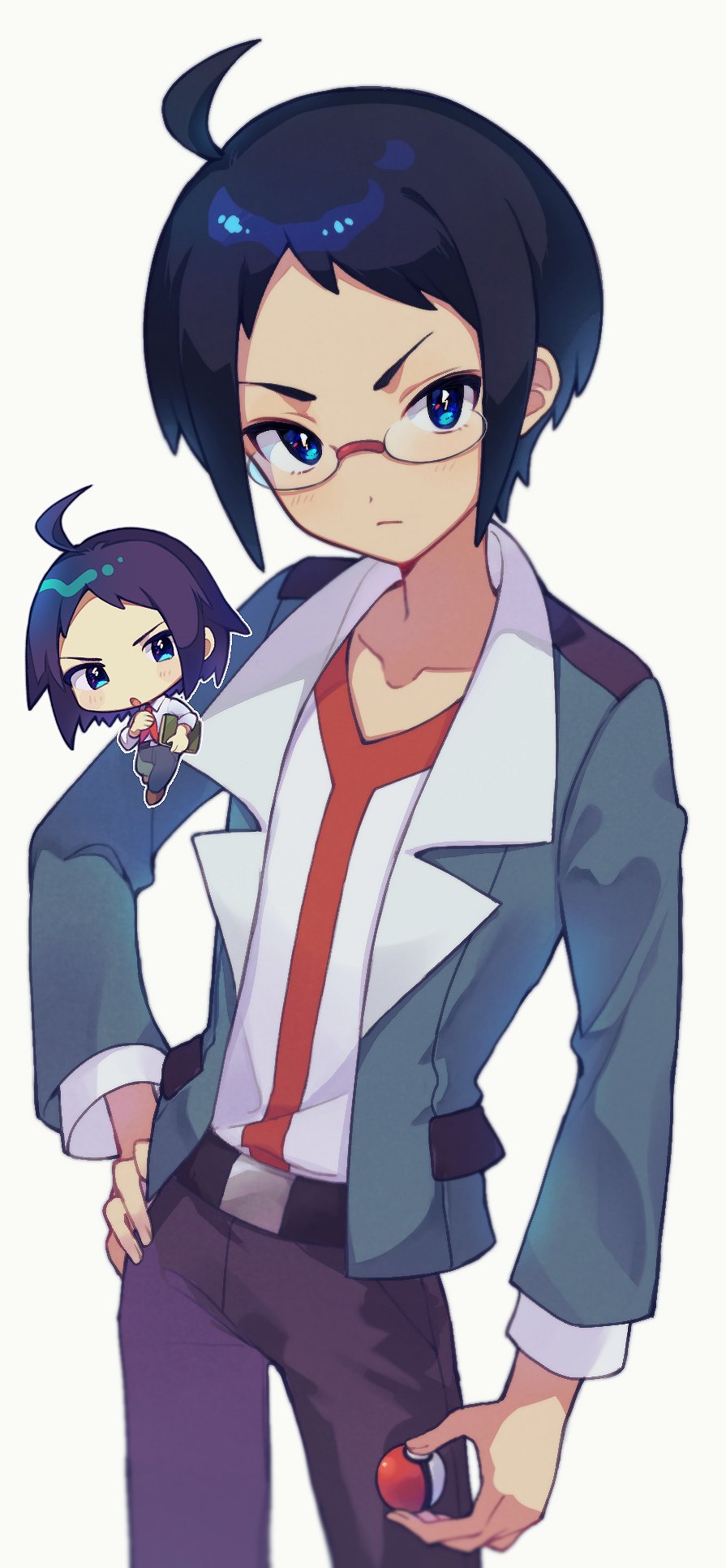 1boy ahoge bangs belt belt_buckle black_belt black_hair blue_eyes buckle cheren_(pokemon) chibi chibi_inset closed_mouth commentary_request glasses hand_on_hip highres holding holding_poke_ball jacket long_sleeves male_focus open_clothes open_jacket pants poke_ball poke_ball_(basic) pokemon pokemon_(game) pokemon_bw pokemon_bw2 shiny shiny_hair shirt short_hair white_shirt yamunashi