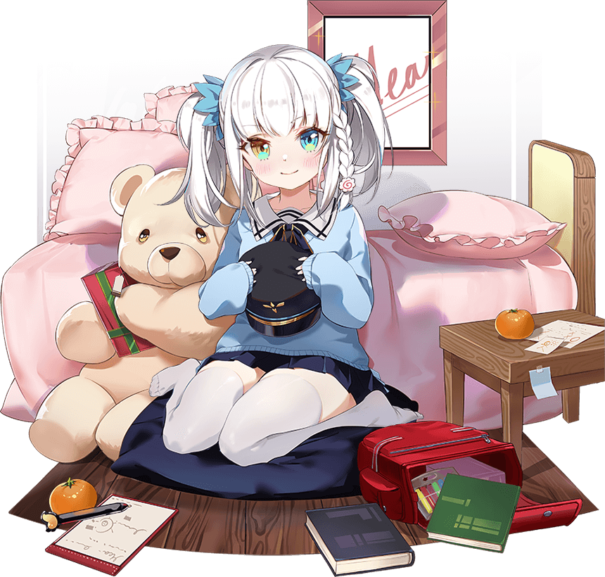 1girl ark_order artist_request backpack bag bangs bed bed_sheet bedroom black_bow black_bowtie blue_eyes blue_skirt blue_sweater book bow bowtie braid closed_mouth cushion faux_figurine food food-themed_hair_ornament fruit full_body gift hair_ornament hat heterochromia holding holding_clothes holding_hat kagura_gumi kagura_mea kamaboko long_hair long_sleeves looking_at_viewer mandarin_orange narutomaki notepad official_art pen pillow pleated_skirt randoseru red_bag side_braid sitting skirt smile solo stuffed_animal stuffed_toy sweater table teddy_bear thigh-highs two_side_up wariza white_hair white_legwear wooden_floor yellow_eyes younger zabuton