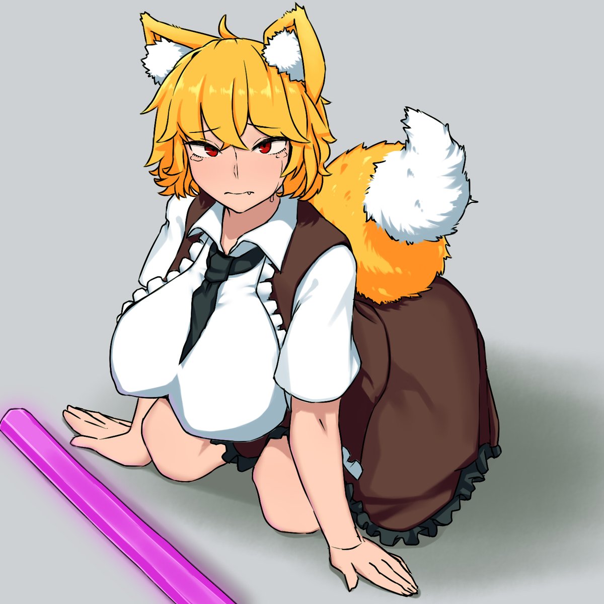 1girl ahoge animal_ear_fluff animal_ears bad_id bad_twitter_id bangs between_breasts black_necktie blonde_hair breasts brown_skirt brown_vest closed_mouth collared_shirt commentary_request cookie_(touhou) eyebrows_visible_through_hair fang fang_out fox_ears fox_girl fox_tail frilled_skirt frilled_vest frills full_body grey_background highres impossible_clothes impossible_shirt kneeling large_breasts looking_at_viewer miramikaru_riran necktie necktie_between_breasts ohasi pole red_eyes shirt short_hair short_sleeves skirt solo tail tearing_up vest white_shirt