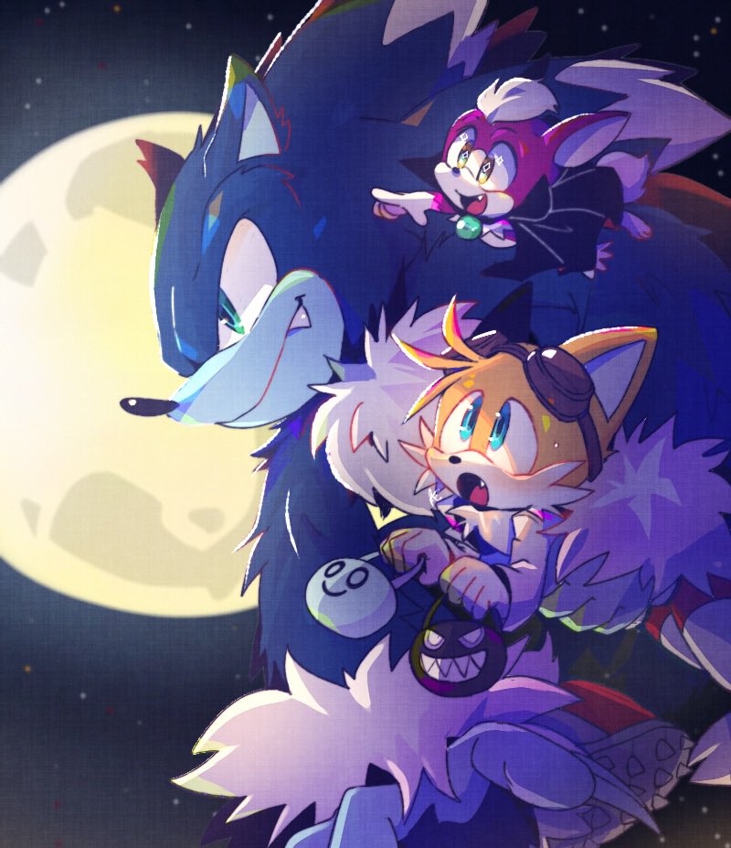 3boys :d animal_nose blue_eyes chip_(sonic) fang fox_boy full_moon furry furry_male green_eyes halloween halloween_bucket male_focus misuta710 moon multiple_boys pointing smile snout sonic_(series) sonic_the_hedgehog sonic_the_werehog sonic_world_adventure tails_(sonic) vampire_costume